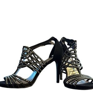 Black Suede Strappy Stiletto Heels Rhinestone & Silver Stud Embellished Open Toe
